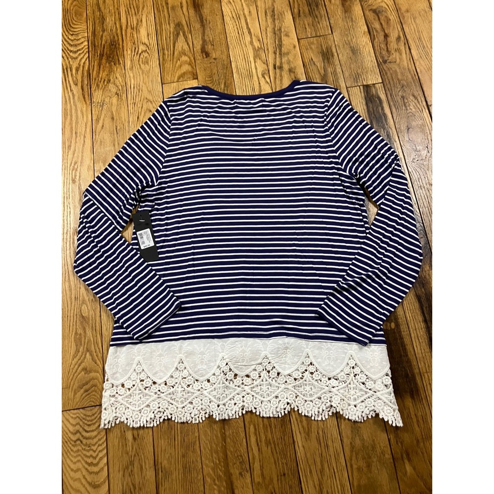 NEW Gnw Womens Top Large Blue White Striped Lace Trim Long Sleeve Casual Shirt‎ - Picture 2 of 4